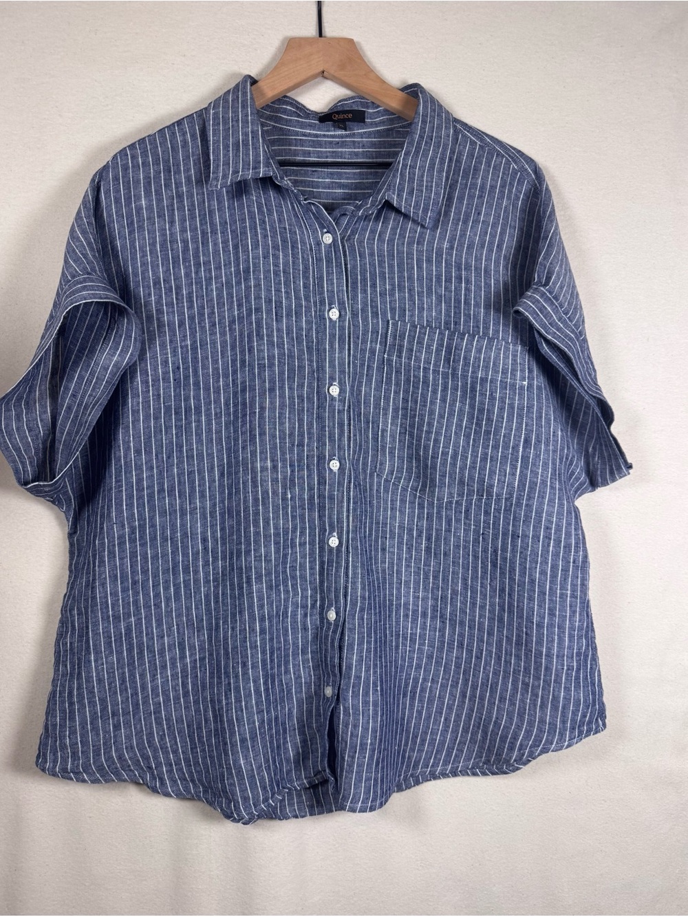 Quince Navy Blue and White Striped 100% Linen Short Sleeve Camp Shirt, coastal